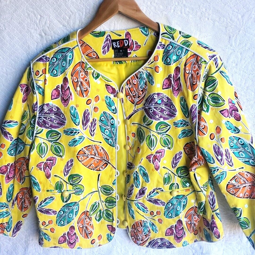 REDD Jeans Vintage Blazer Jacket Womens 18 Spring Yellow Floral Textured